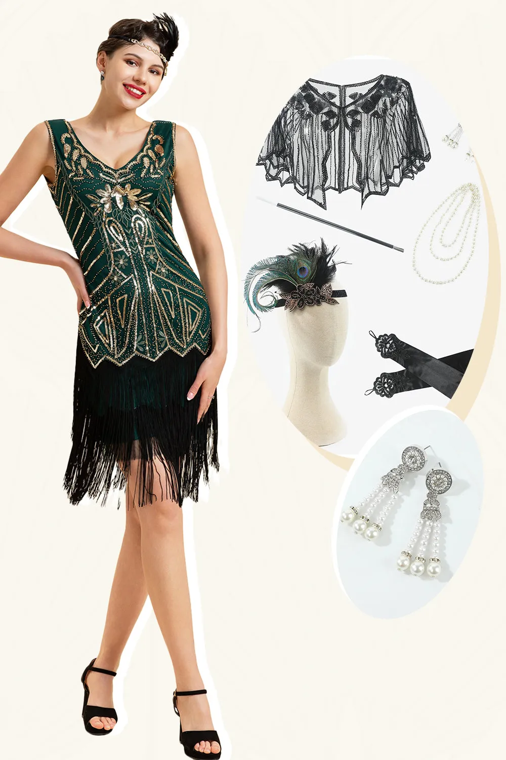 Dark Green Sequined Fringes 1920s Gatsby Flapper Dress with 20s Accessories Set sold by Zapaka