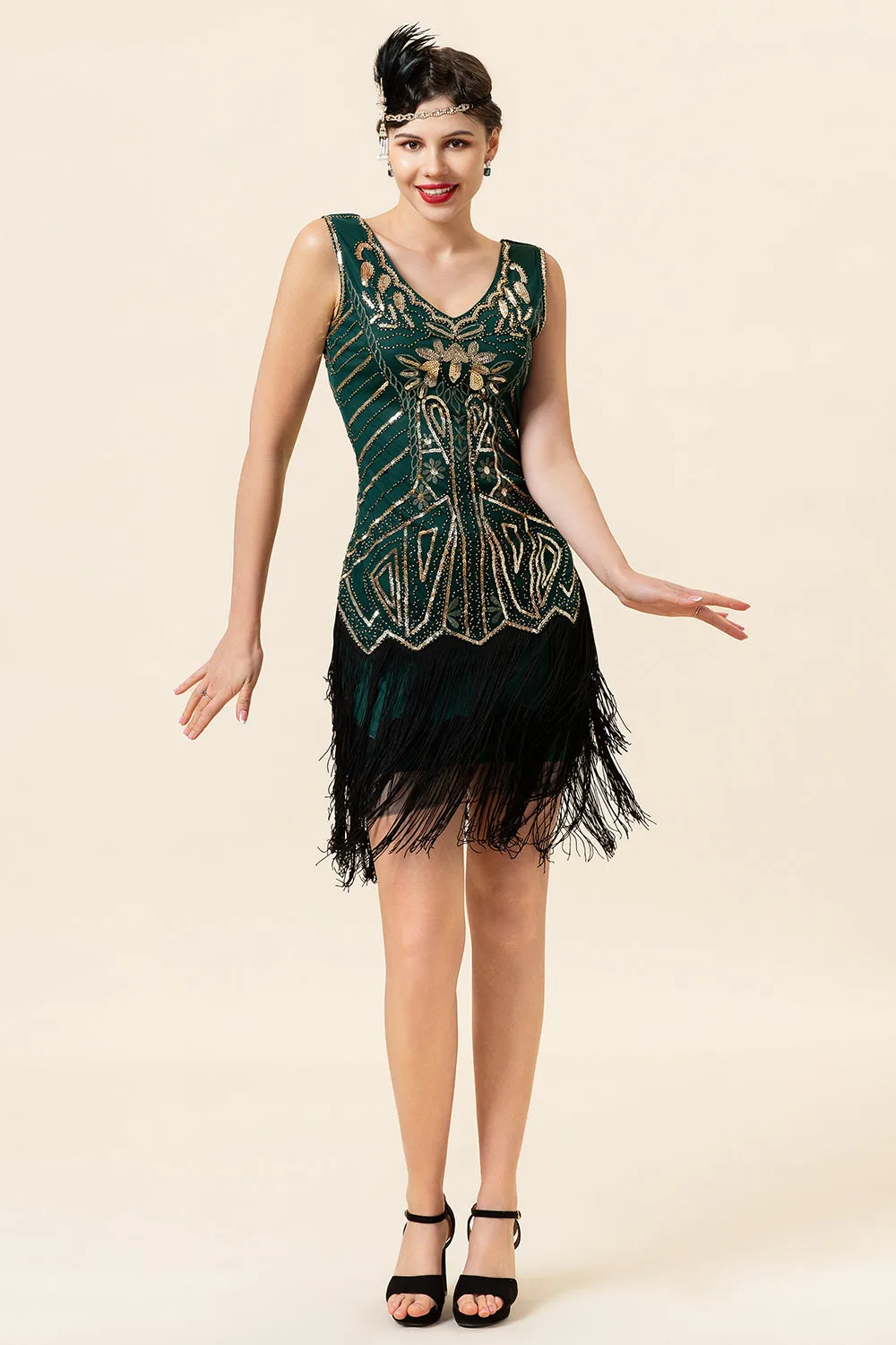 Dark Green Sequined Fringes 1920s Gatsby Flapper Dress with 20s Accessories Set sold by Zapaka product image thumbnail 5