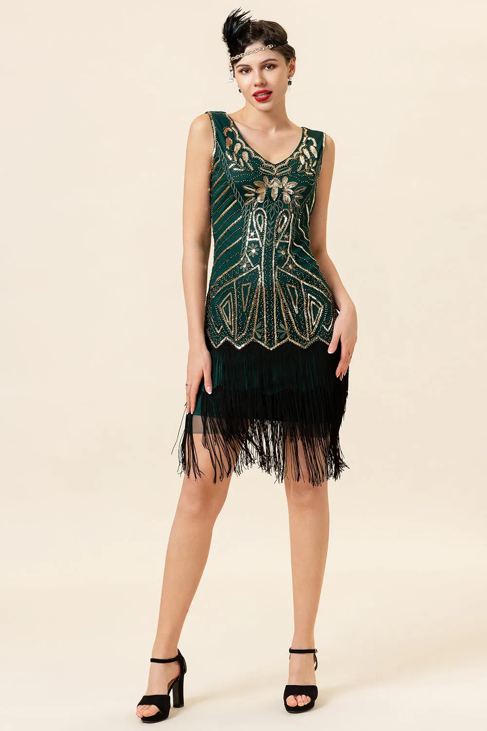 Dark Green Sequined Fringes 1920s Gatsby Flapper Dress with 20s Accessories Set sold by Zapaka product image thumbnail 2
