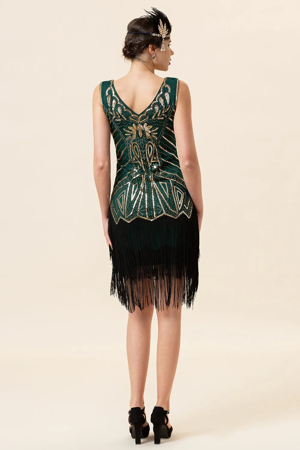 Dark Green Sequined Fringes 1920s Gatsby Flapper Dress with 20s Accessories Set sold by Zapaka product image thumbnail 3