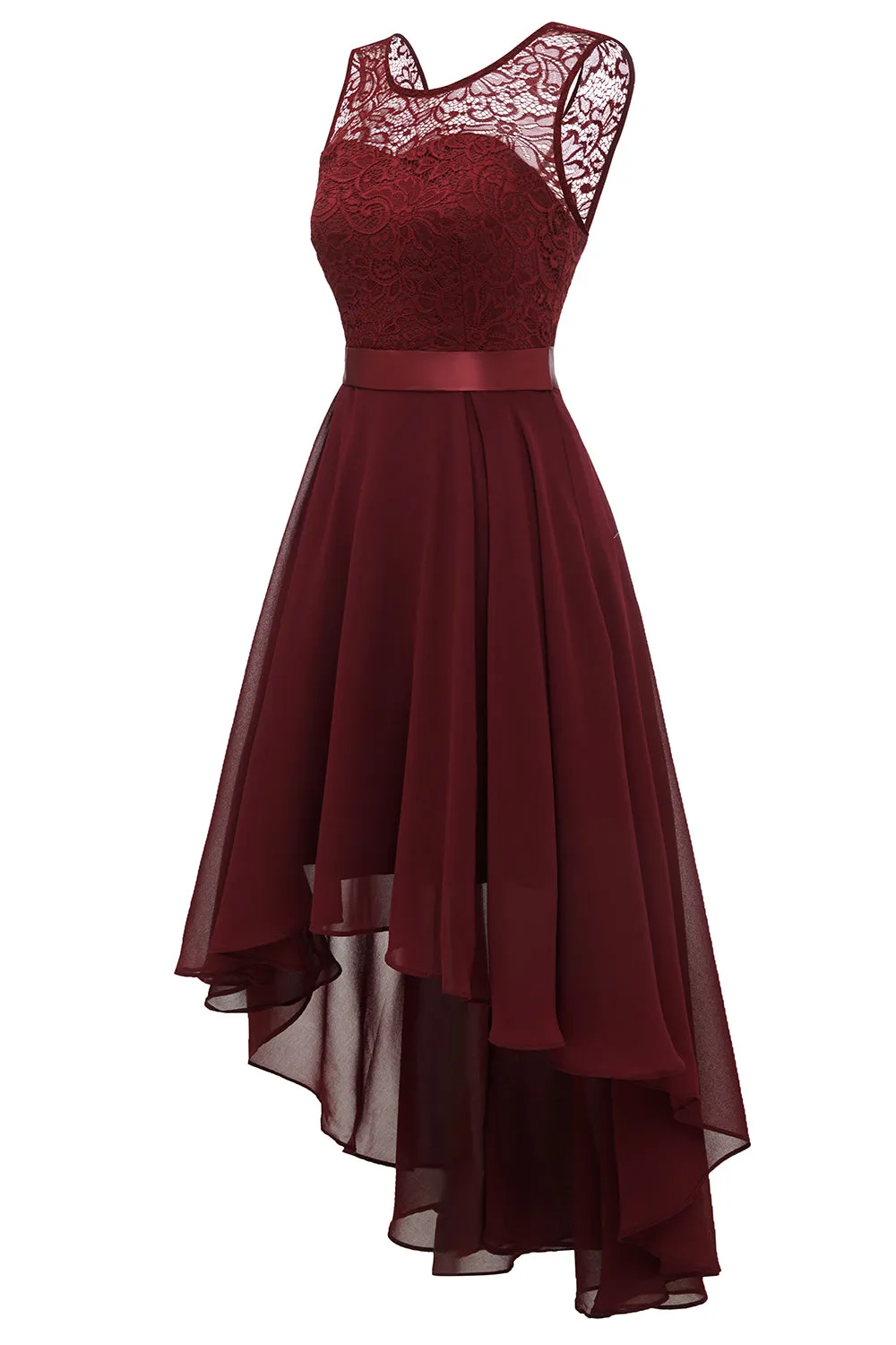 High Low Round Neck Burgundy Lace Dress with Bowknot sold by Zapaka product image thumbnail 3