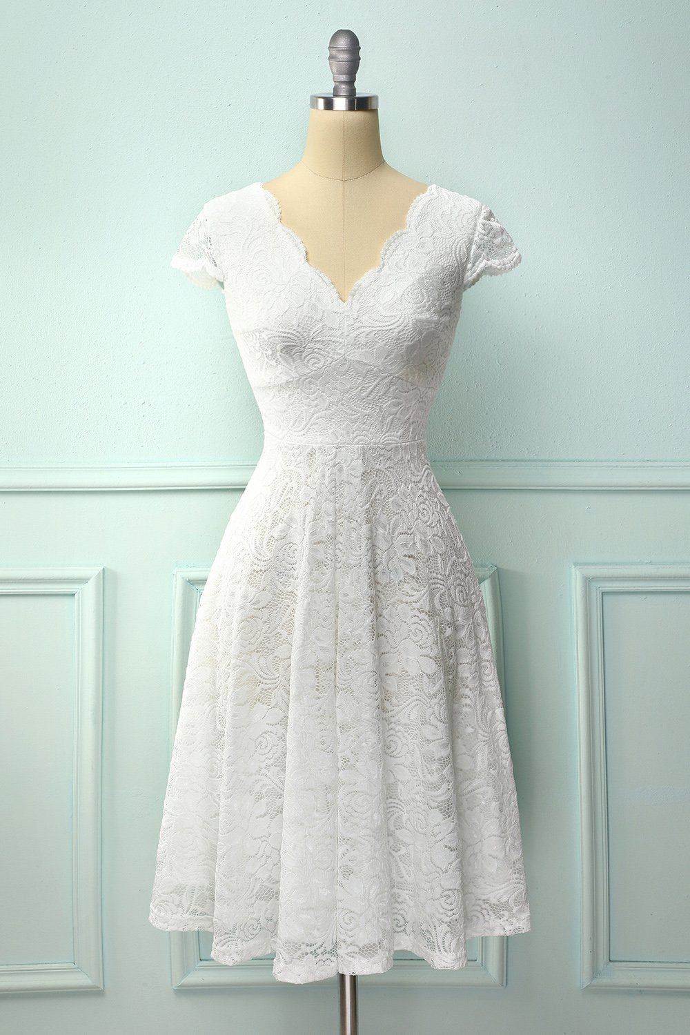 White V Neck Midi Vintage Lace Formal Dress sold by Zapaka