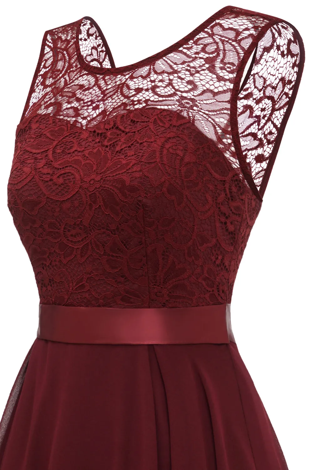 High Low Round Neck Burgundy Lace Dress with Bowknot sold by Zapaka product image thumbnail 4