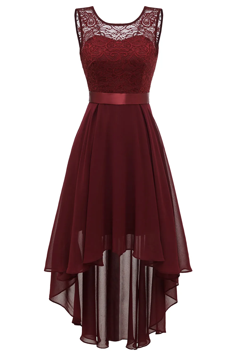 High Low Round Neck Burgundy Lace Dress with Bowknot sold by Zapaka