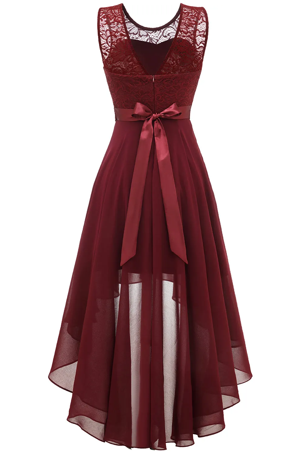 High Low Round Neck Burgundy Lace Dress with Bowknot sold by Zapaka product image thumbnail 2