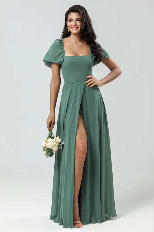 Chiffon Puff Sleeves A Line Green Bridesmaid Dress sold by Zapaka