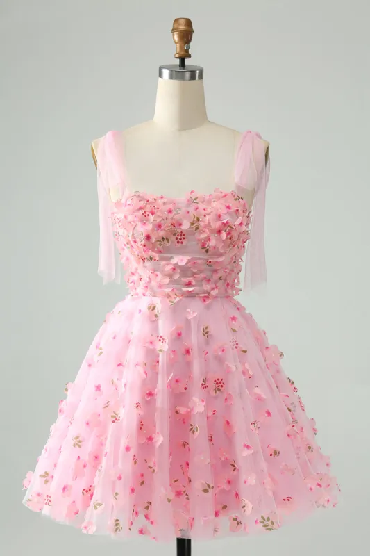 Cute Pink A Line Spaghetti Straps Short Homecoming Dress with 3D Flowers sold by Zapaka