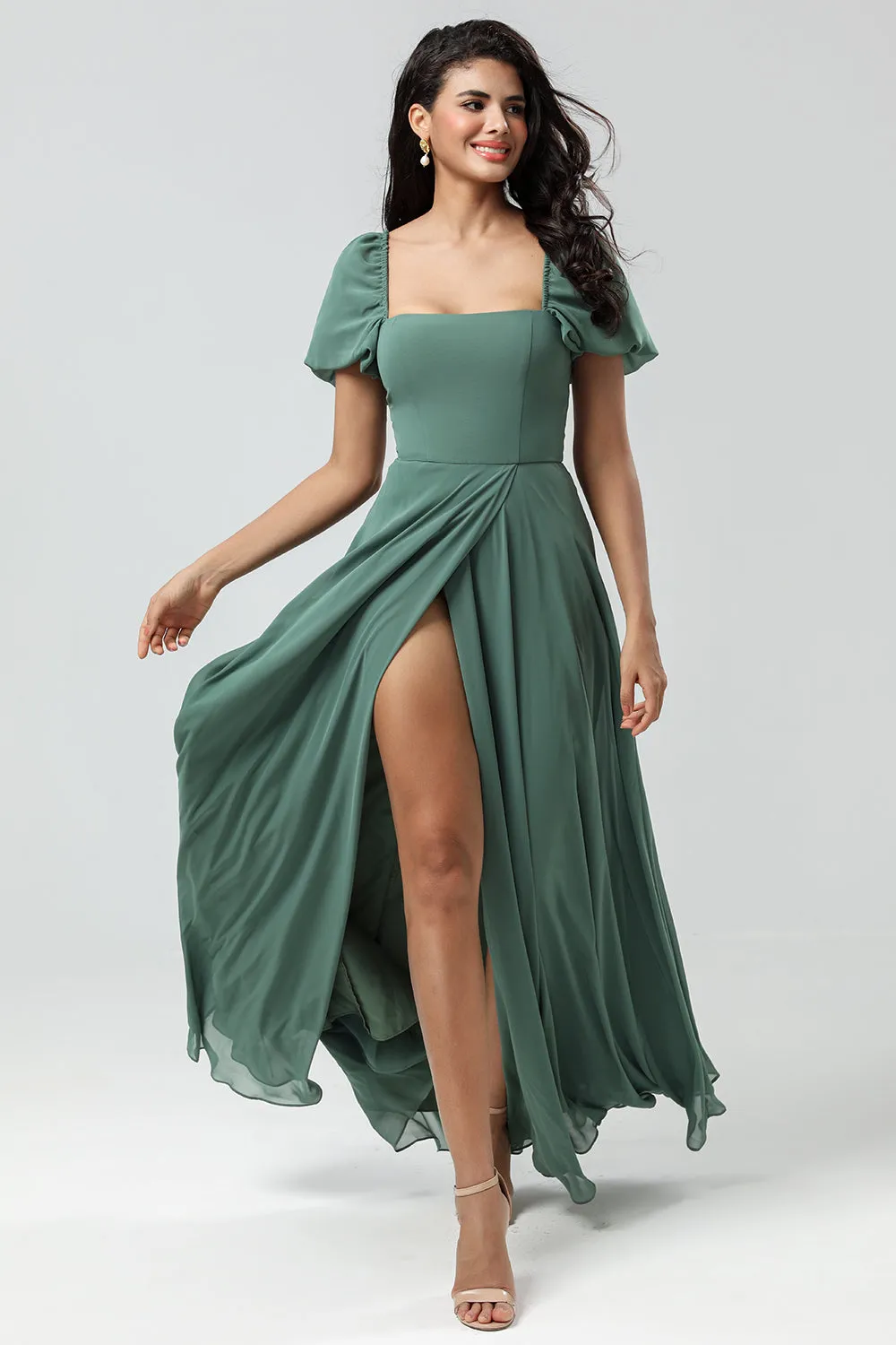 Chiffon Puff Sleeves A Line Green Bridesmaid Dress sold by Zapaka product image thumbnail 5