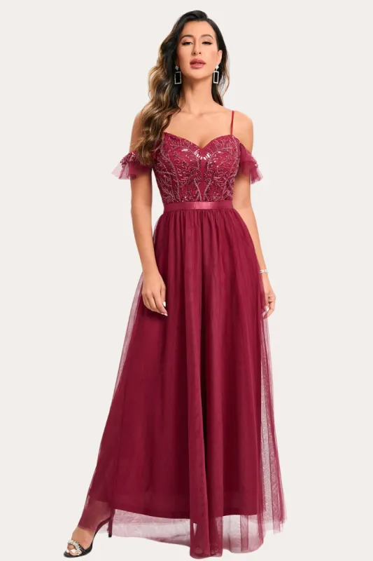 Burgundy Beaded A-Line Long Prom Dress sold by Zapaka