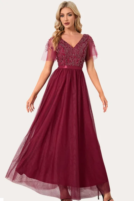 Sparkly Burgundy Beaded Long Tulle Prom Dress sold by Zapaka