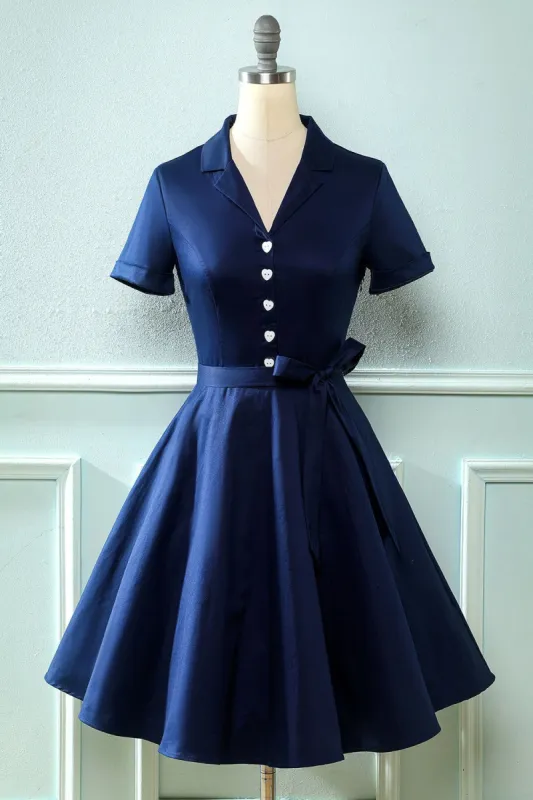 Navy V Neck 1950s Dress with Bowknot sold by Zapaka