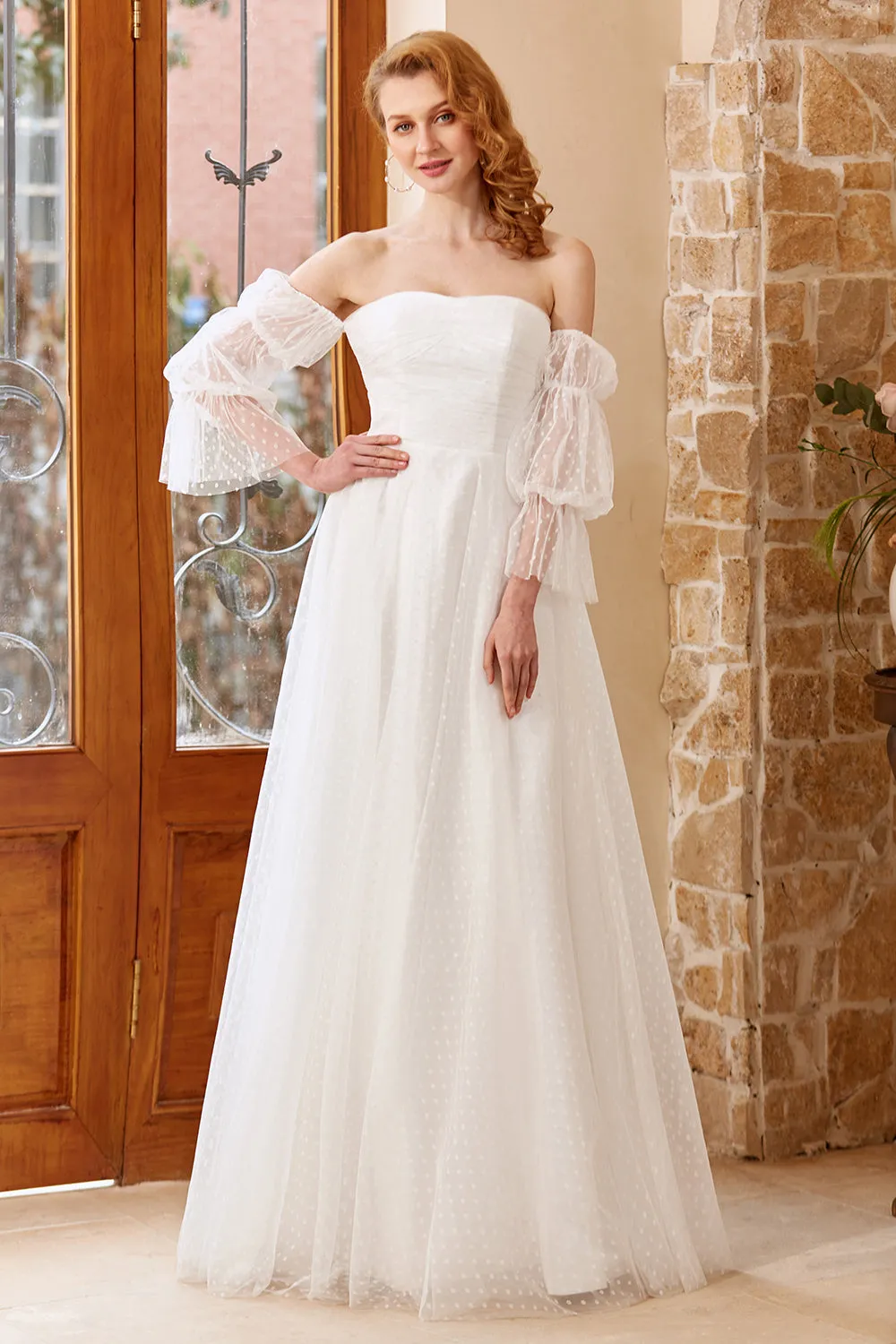 A Line Off the Shoulder White Wedding Dress with Long Sleeves sold by Zapaka product image thumbnail 4