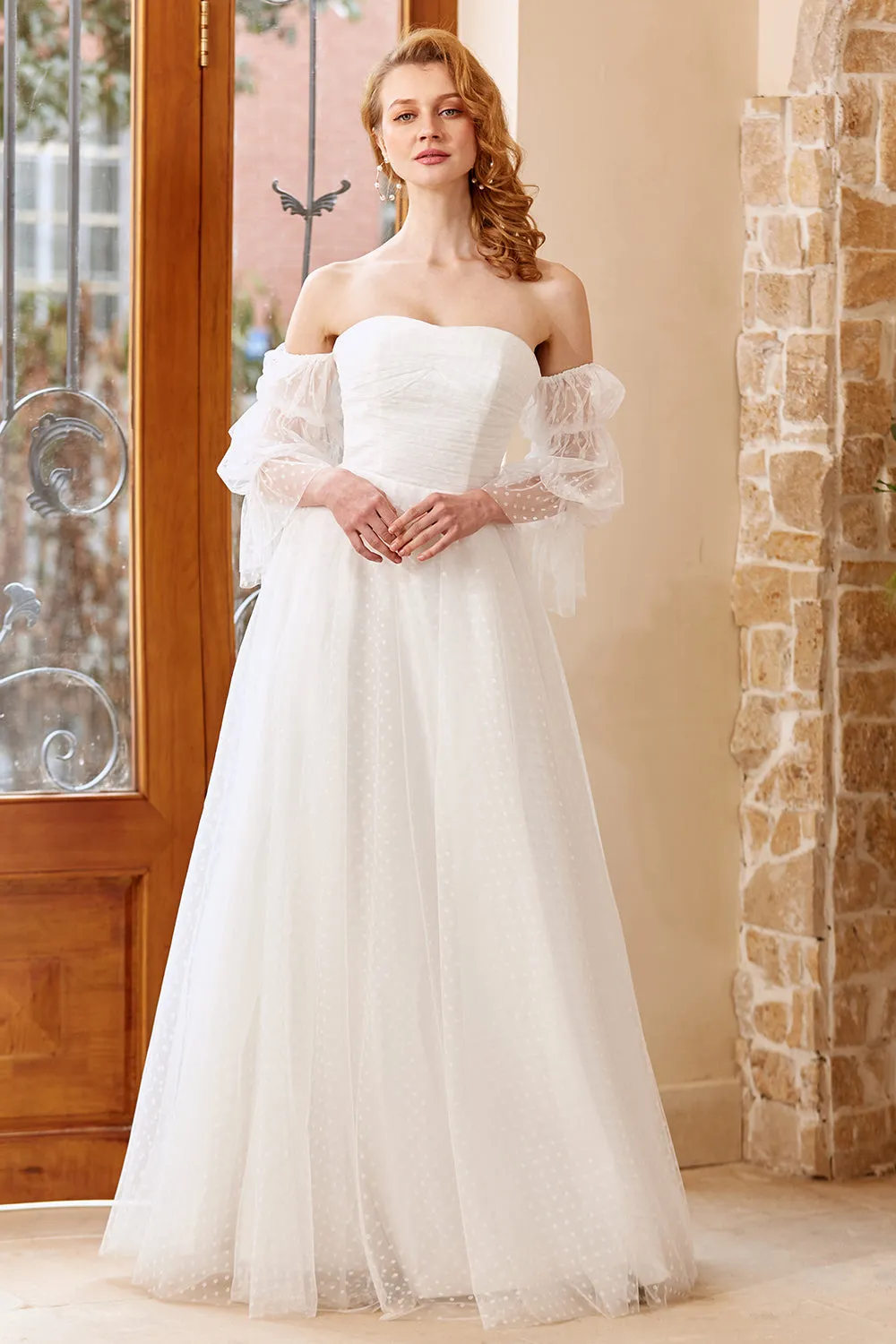 A Line Off the Shoulder White Wedding Dress with Long Sleeves sold by Zapaka