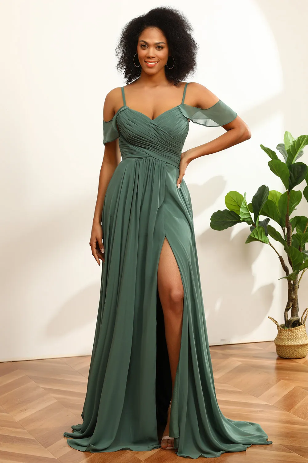 Eucalyptus Ruched Lace-Up Back Long Chiffon Bridesmaid Dress sold by Zapaka product image thumbnail 4