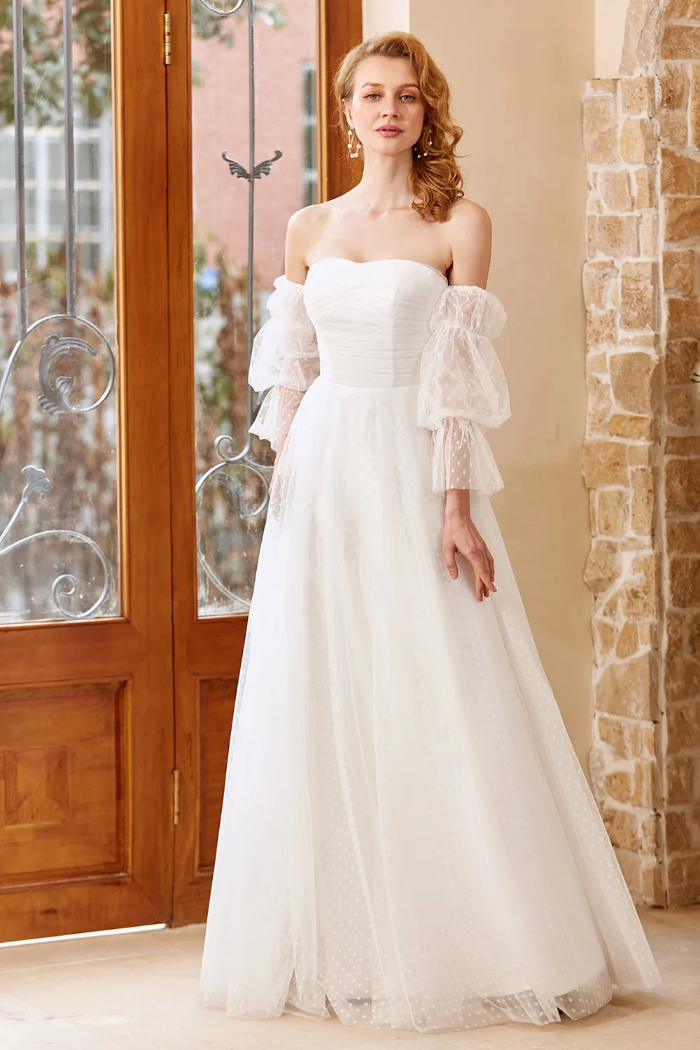 A Line Off the Shoulder White Wedding Dress with Long Sleeves sold by Zapaka product image thumbnail 5