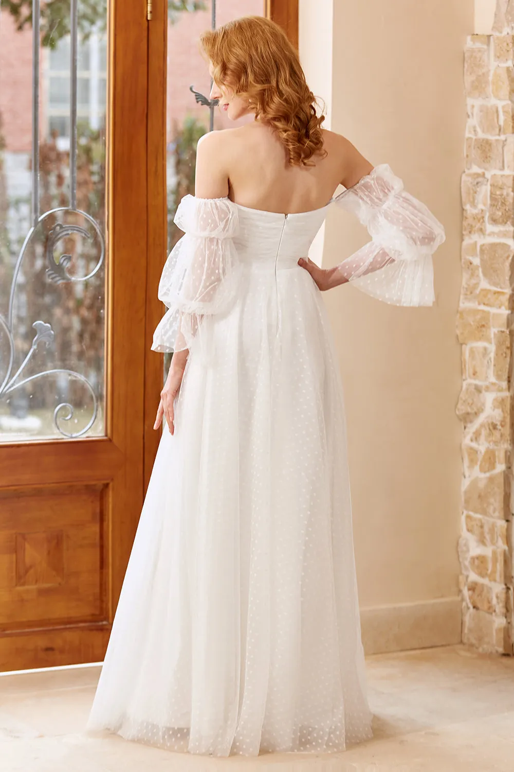 A Line Off the Shoulder White Wedding Dress with Long Sleeves sold by Zapaka product image thumbnail 2