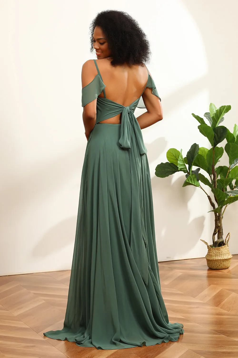 Eucalyptus Ruched Lace-Up Back Long Chiffon Bridesmaid Dress sold by Zapaka product image thumbnail 2