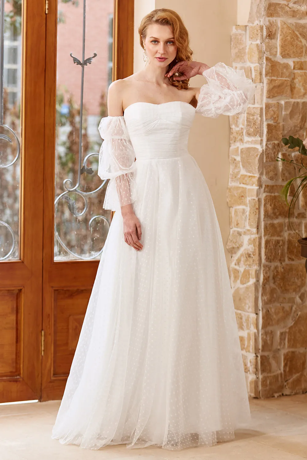 A Line Off the Shoulder White Wedding Dress with Long Sleeves sold by Zapaka product image thumbnail 3