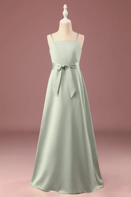 Matcha A-line Satin Spaghetti Straps Long Junior Bridesmaid Dress sold by Zapaka