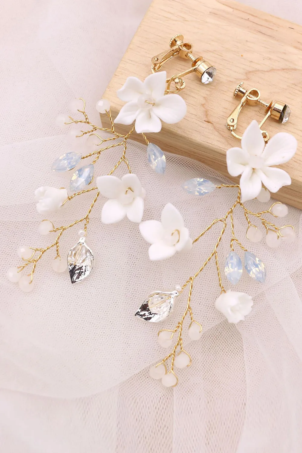 Fairy White Ceramic Flower Bridal Ear Clips sold by Zapaka product image thumbnail 2