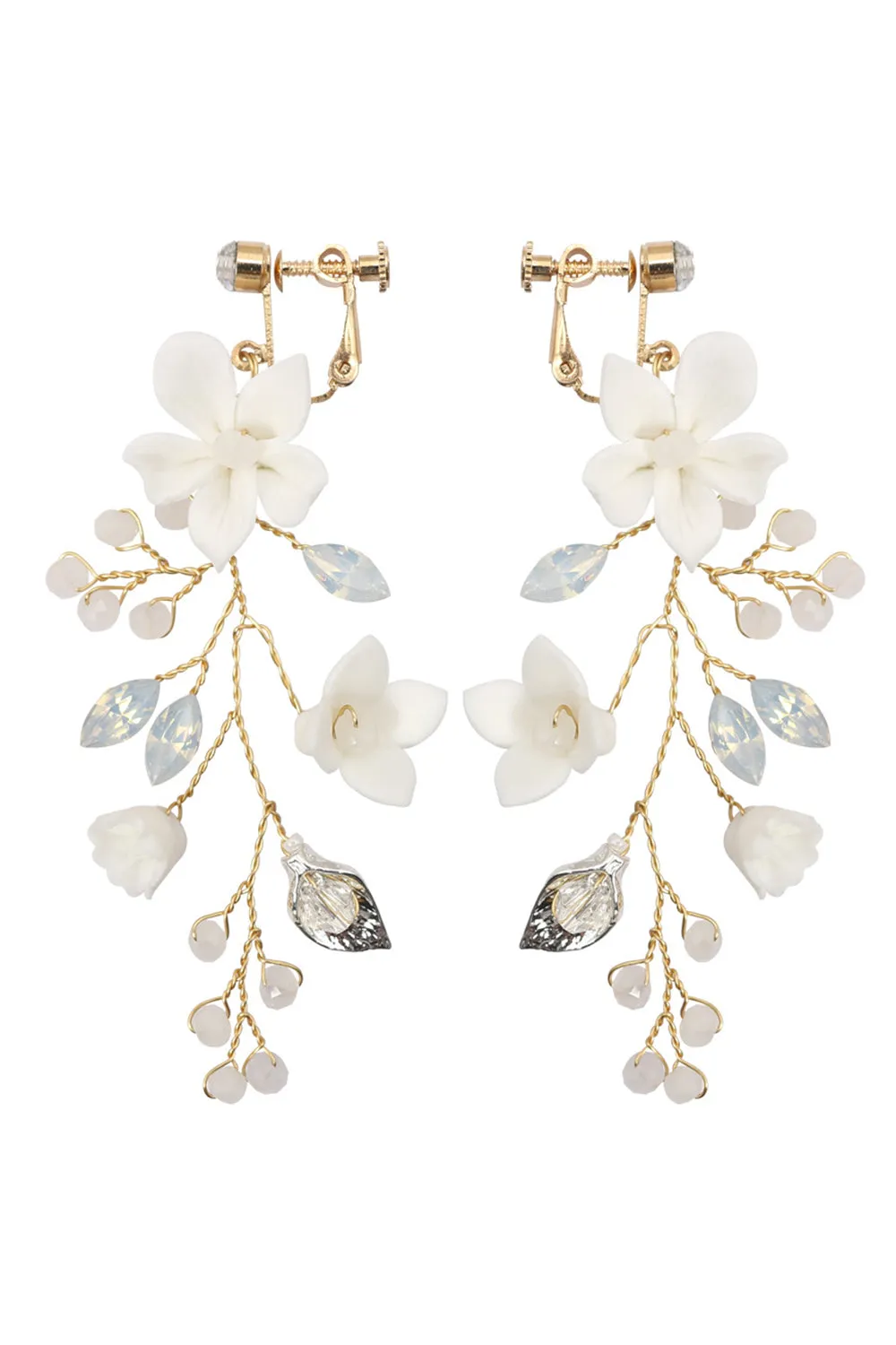 Fairy White Ceramic Flower Bridal Ear Clips sold by Zapaka