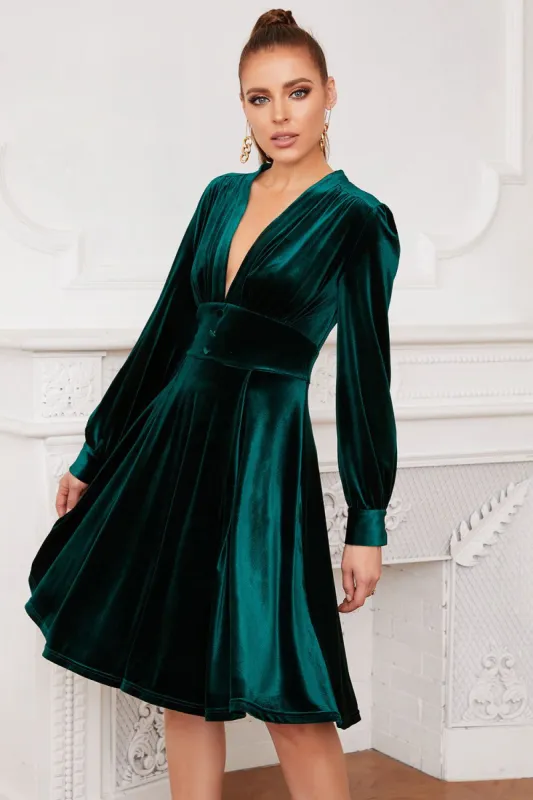 Dark Green Velvet Party Dress With Long Sleeves sold by Zapaka
