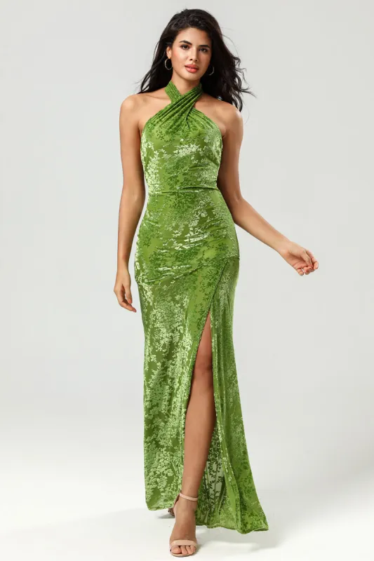 Confidently Charismatic Mermaid Halter Neck Olive Velvet Long Bridesmaid Dress sold by Zapaka