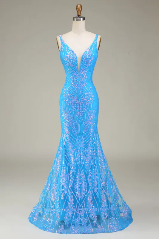 Sparkly Blue Deep V-neck Mermaid Prom Dress sold by Zapaka