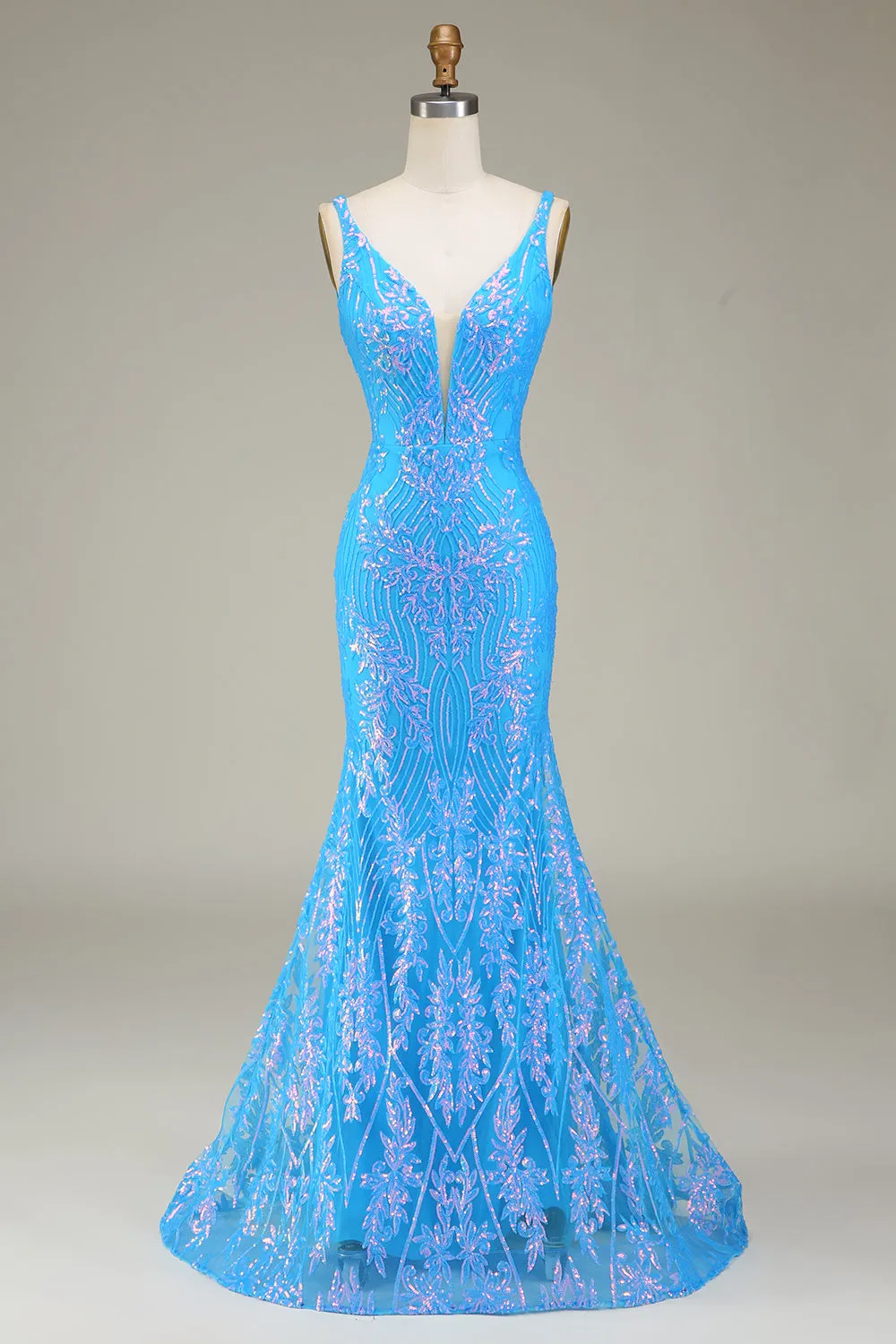 Sparkly Blue Deep V-neck Mermaid Prom Dress sold by Zapaka