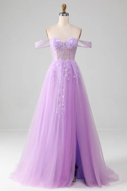 Lavender A Line Tulle Off the Shoulder Prom Dress with Slit sold by Zapaka