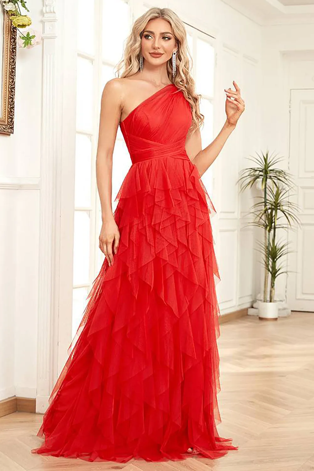 One Shoulder Red Tulle A-Line Formal Dress sold by Zapaka product image thumbnail 3