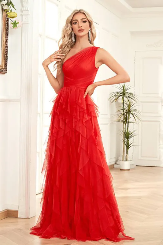 One Shoulder Red Tulle A-Line Formal Dress made by Zapaka