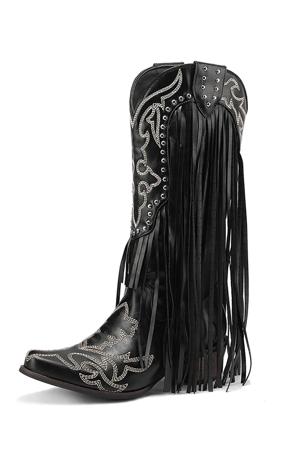Women's Black Embroidery Tassel Leather Boots sold by Zapaka product image thumbnail 2