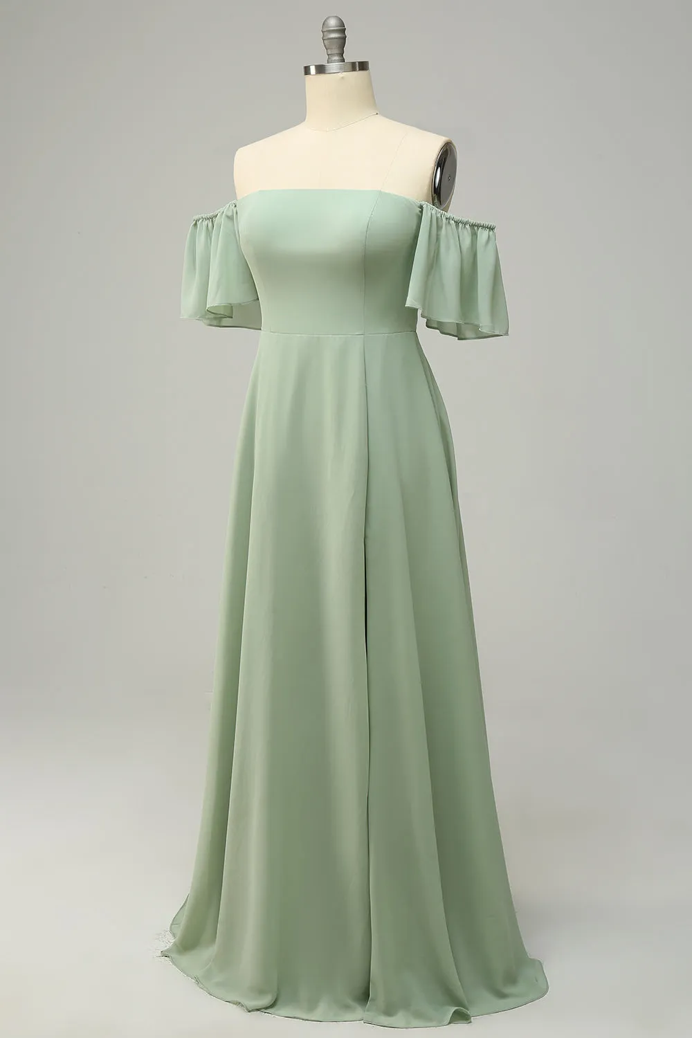 A Line Off the Shoulder Green Long Bridesmaid Dress with Ruffles sold by Zapaka product image thumbnail 3