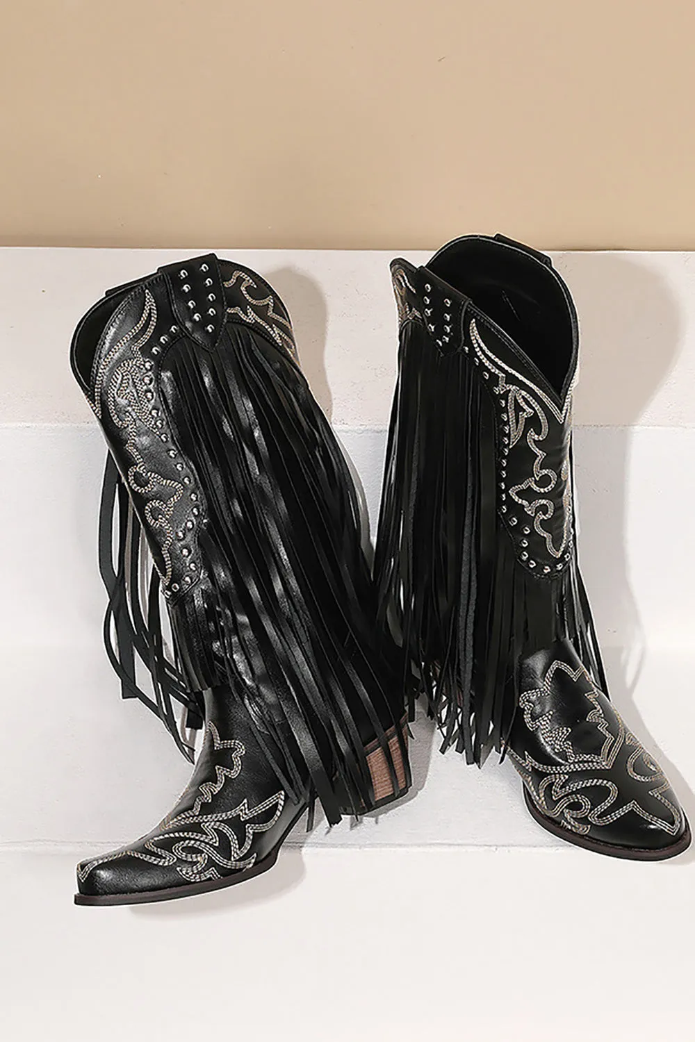 Women's Black Embroidery Tassel Leather Boots sold by Zapaka product image thumbnail 3