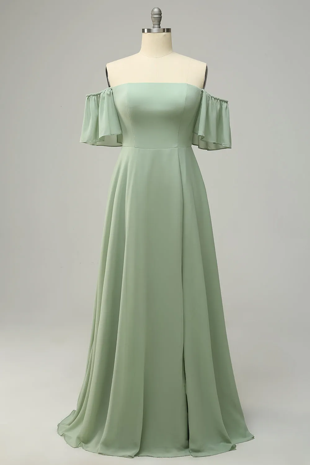 A Line Off the Shoulder Green Long Bridesmaid Dress with Ruffles sold by Zapaka