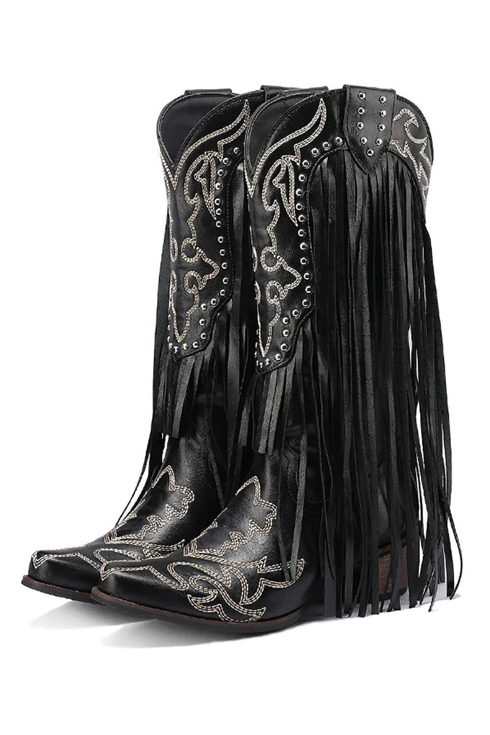 Women's Black Embroidery Tassel Leather Boots sold by Zapaka