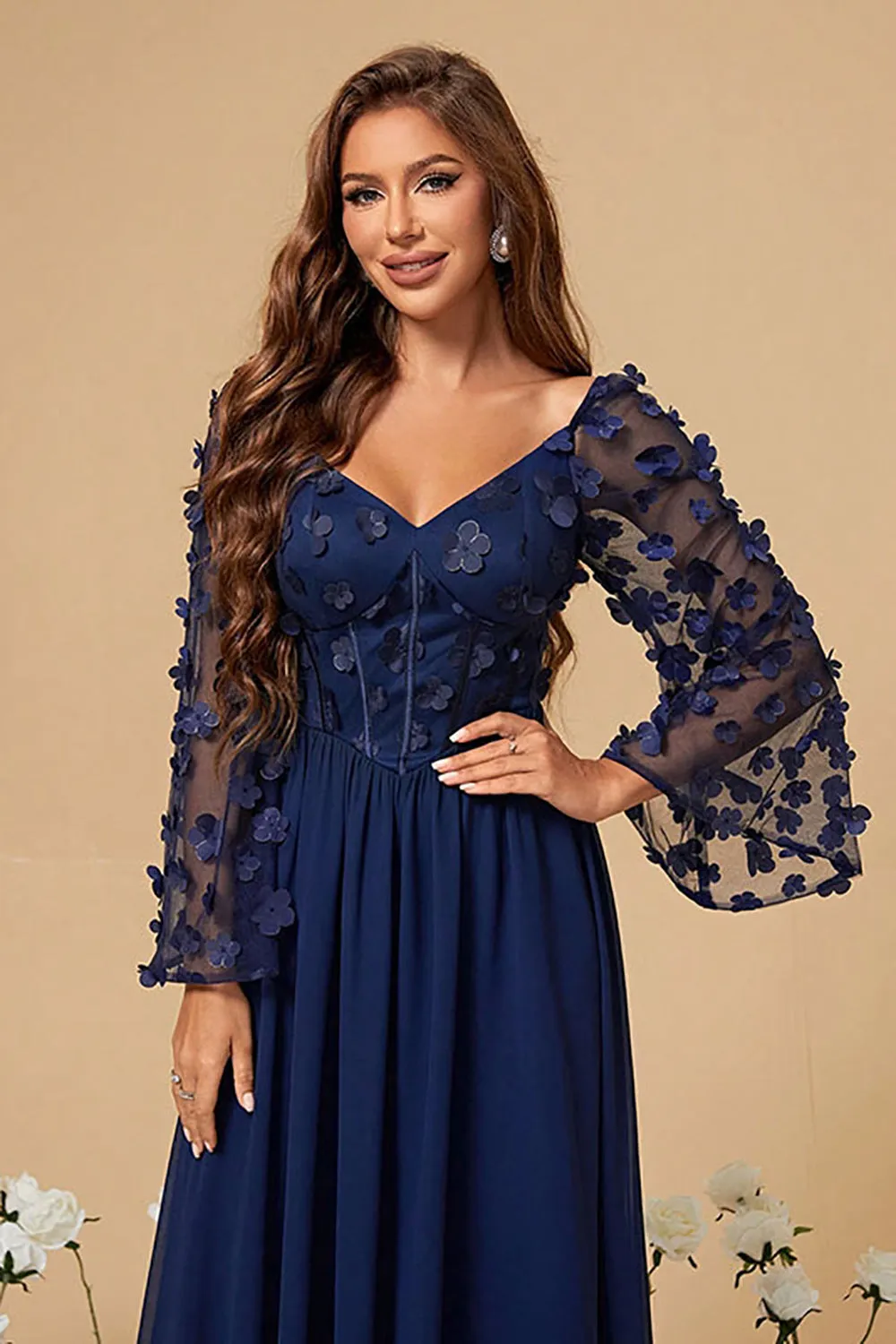 Navy A Line Long Sleeves Corset Formal Dress With Long Sleeves sold by Zapaka product image thumbnail 5