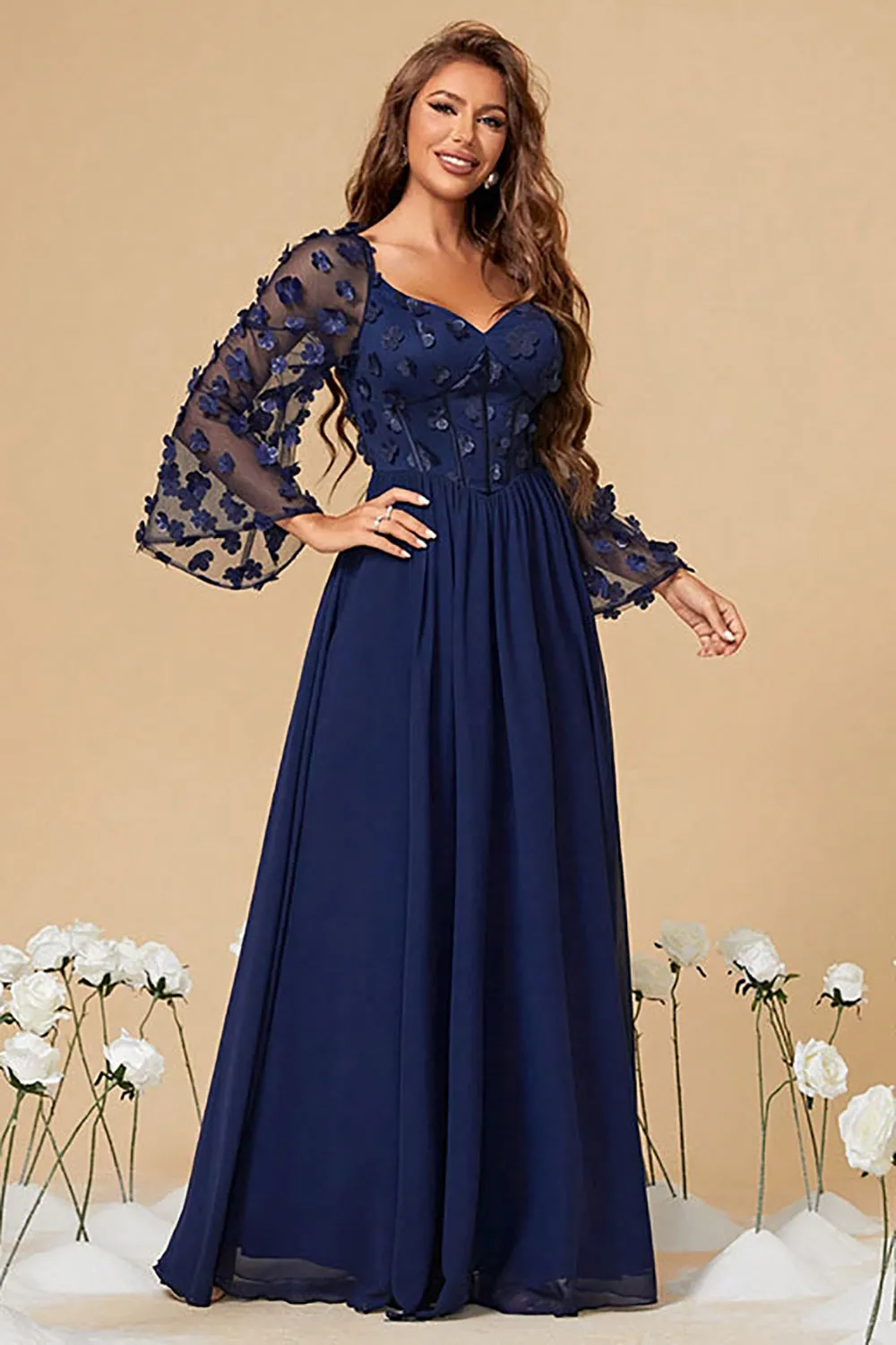 Navy A Line Long Sleeves Corset Formal Dress With Long Sleeves sold by Zapaka product image thumbnail 3