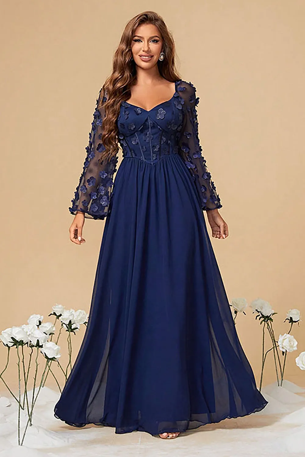 Navy A Line Long Sleeves Corset Formal Dress With Long Sleeves sold by Zapaka