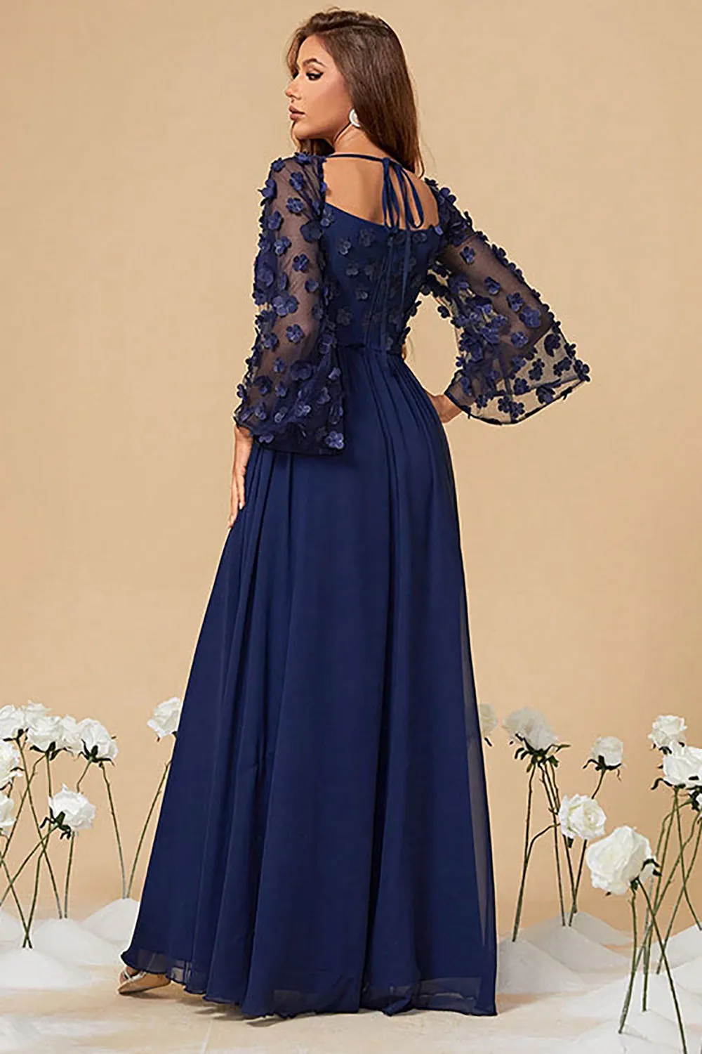 Navy A Line Long Sleeves Corset Formal Dress With Long Sleeves sold by Zapaka product image thumbnail 2