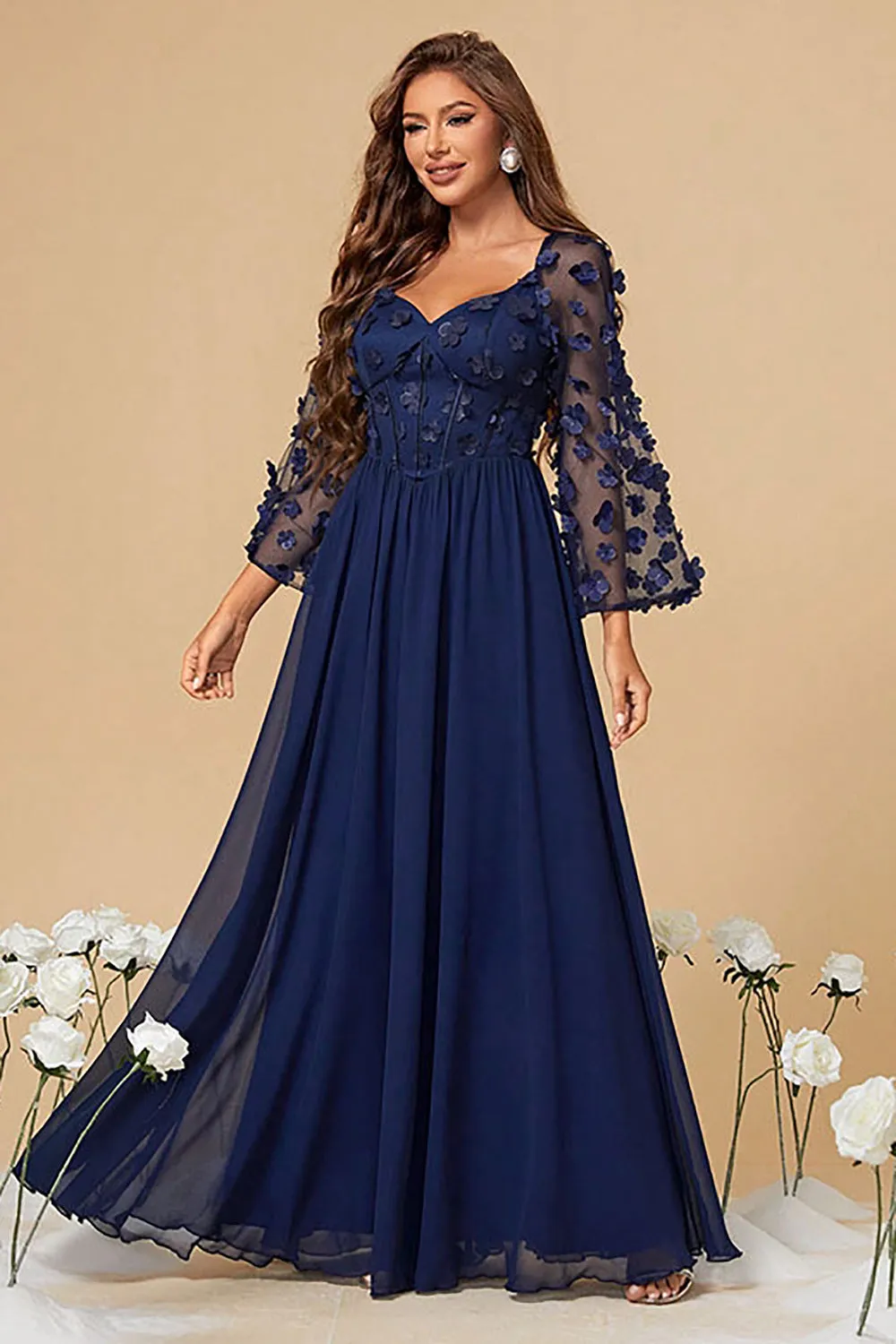 Navy A Line Long Sleeves Corset Formal Dress With Long Sleeves sold by Zapaka product image thumbnail 4