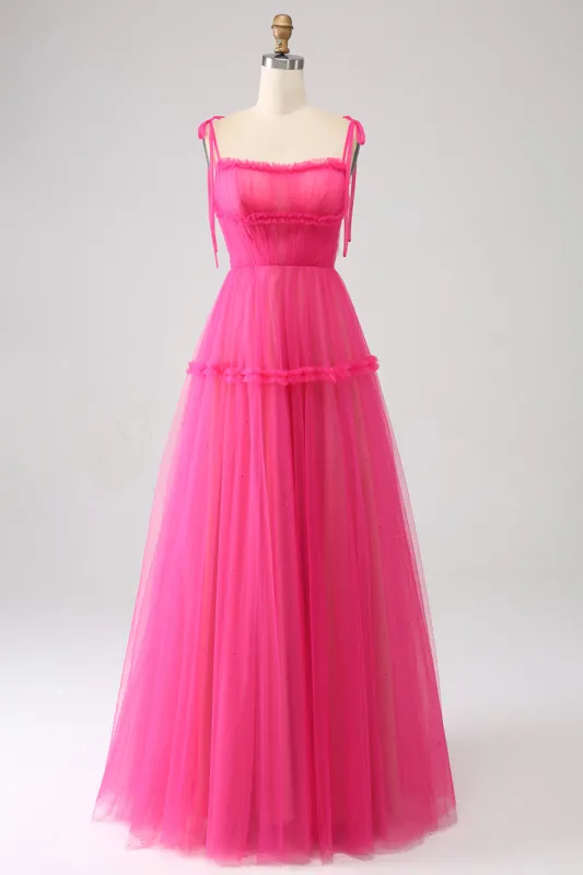 Fuchsia A-Line Ruffled Long Tulle Prom Dress sold by Zapaka