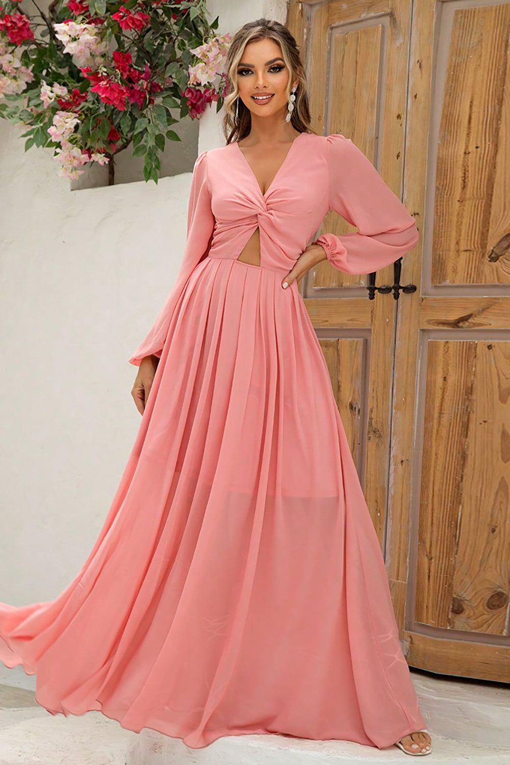 Blush A-Line Long Sleeves V Neck Long Formal Dress sold by Zapaka