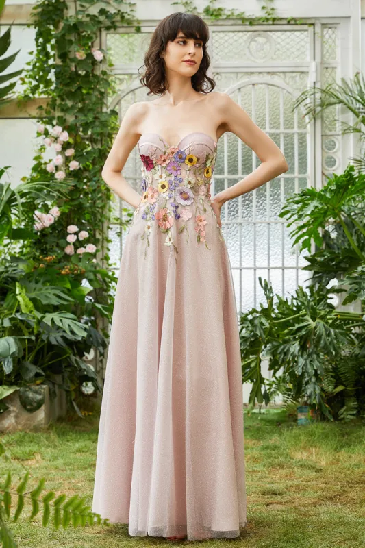 Elegant A Line Strapless Blush Long Wedding Guest Dress with 3D Flowers sold by Zapaka