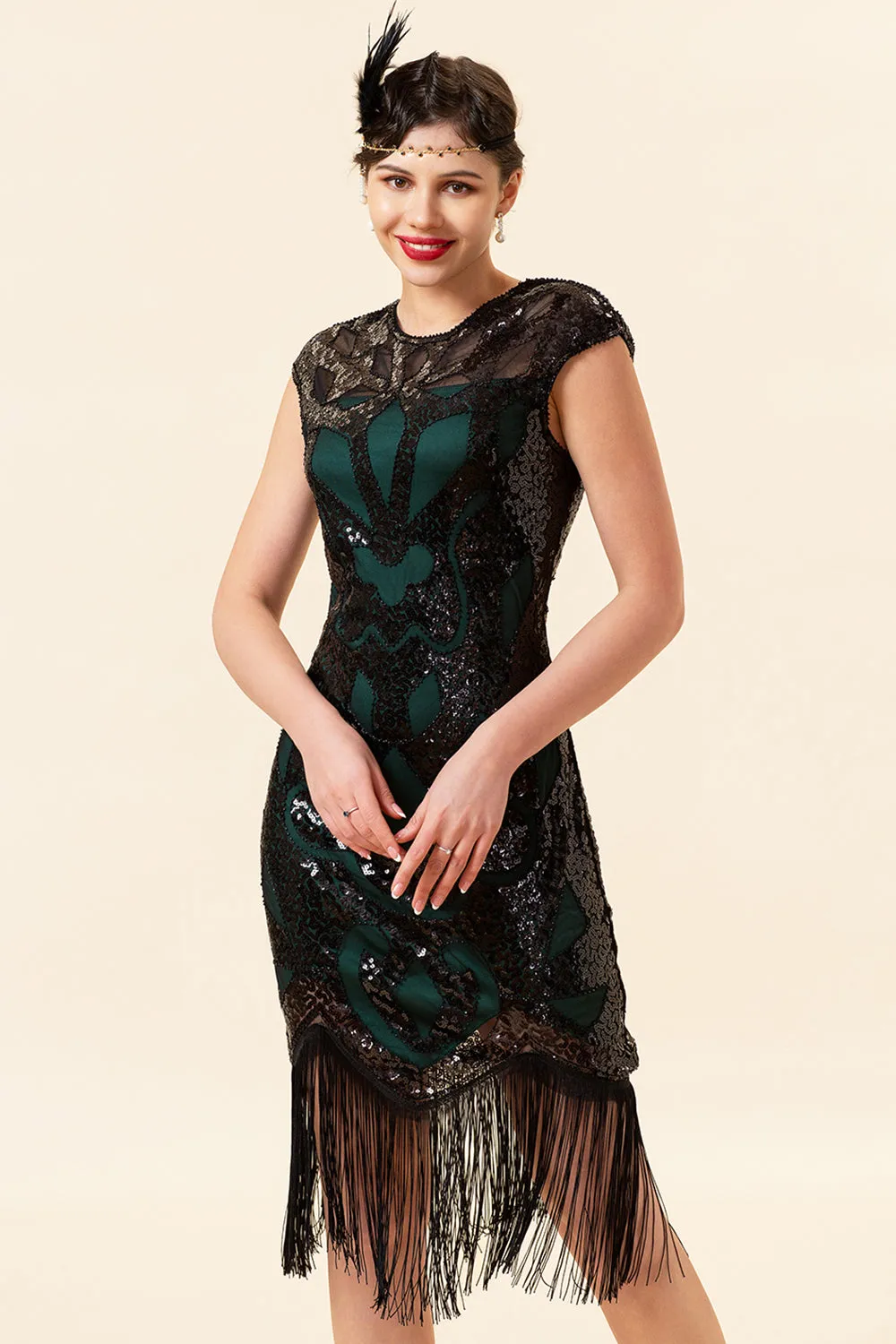 Black and Green Sequined Fringes 1920s Gatsby Flapper Party Dress with 20s Accessories Set sold by Zapaka product image thumbnail 5