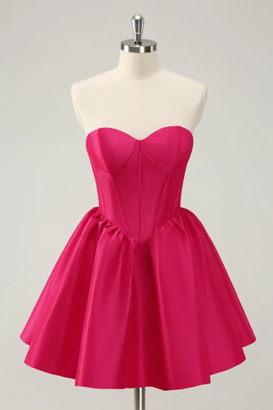 Fuchsia A Line Sweetheart Corset Satin Cute Homecoming Dress sold by Zapaka