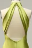 Halter Open Back Lemon Green Long Bridesmaid Dress sold by Zapaka