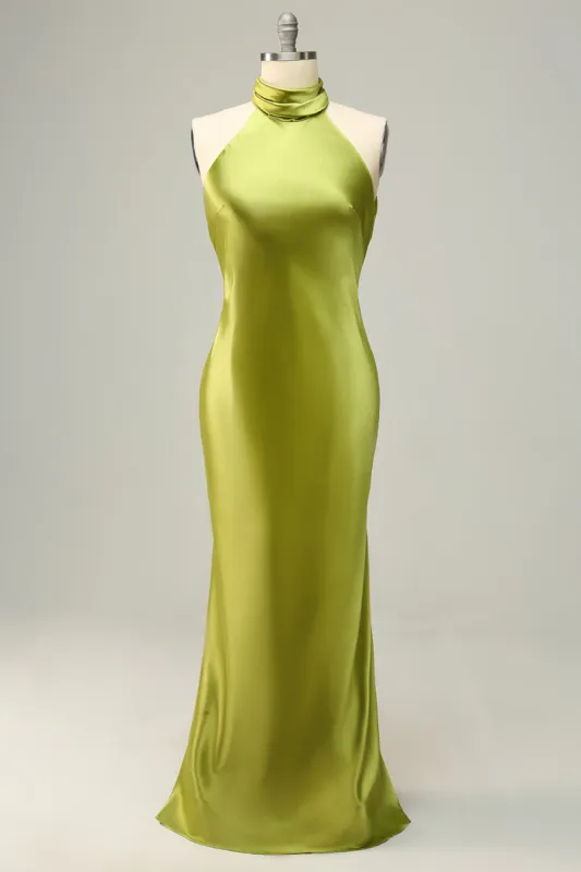 Halter Open Back Lemon Green Long Bridesmaid Dress sold by Zapaka