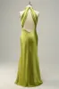 Halter Open Back Lemon Green Long Bridesmaid Dress sold by Zapaka